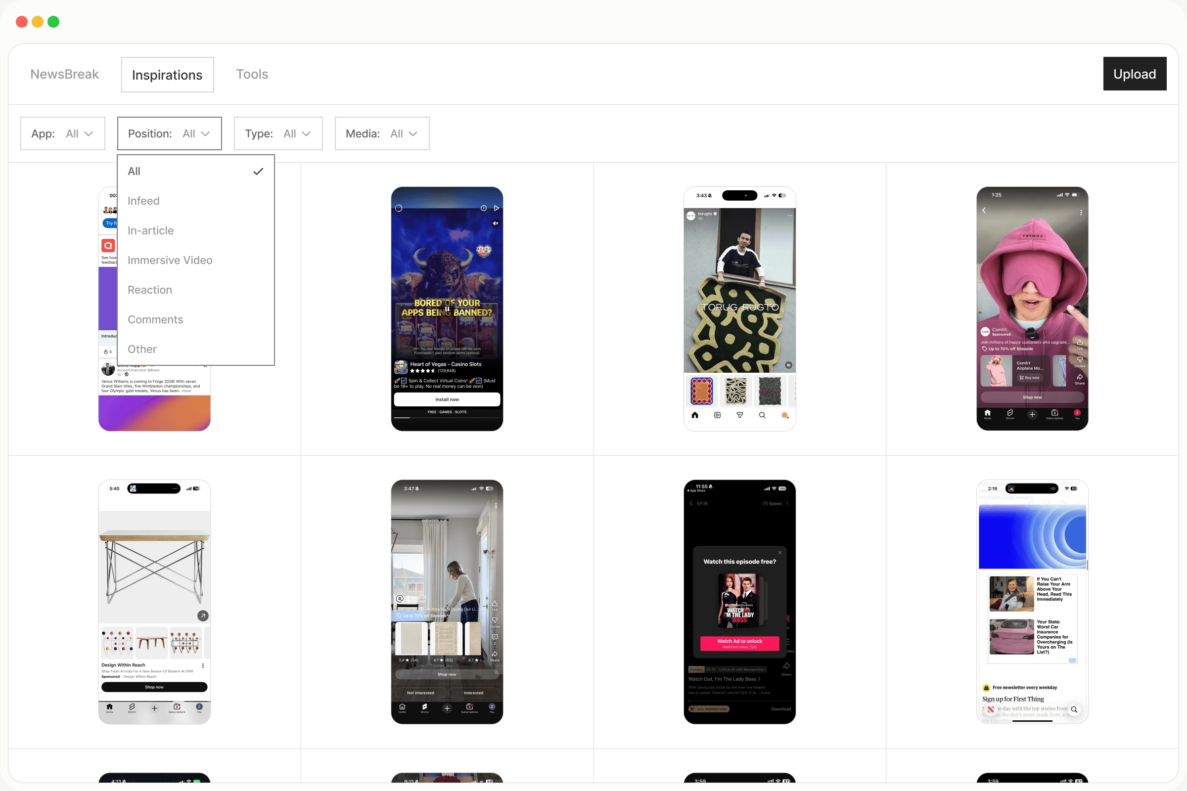 The inspirations library, a grid of ad references from other products
