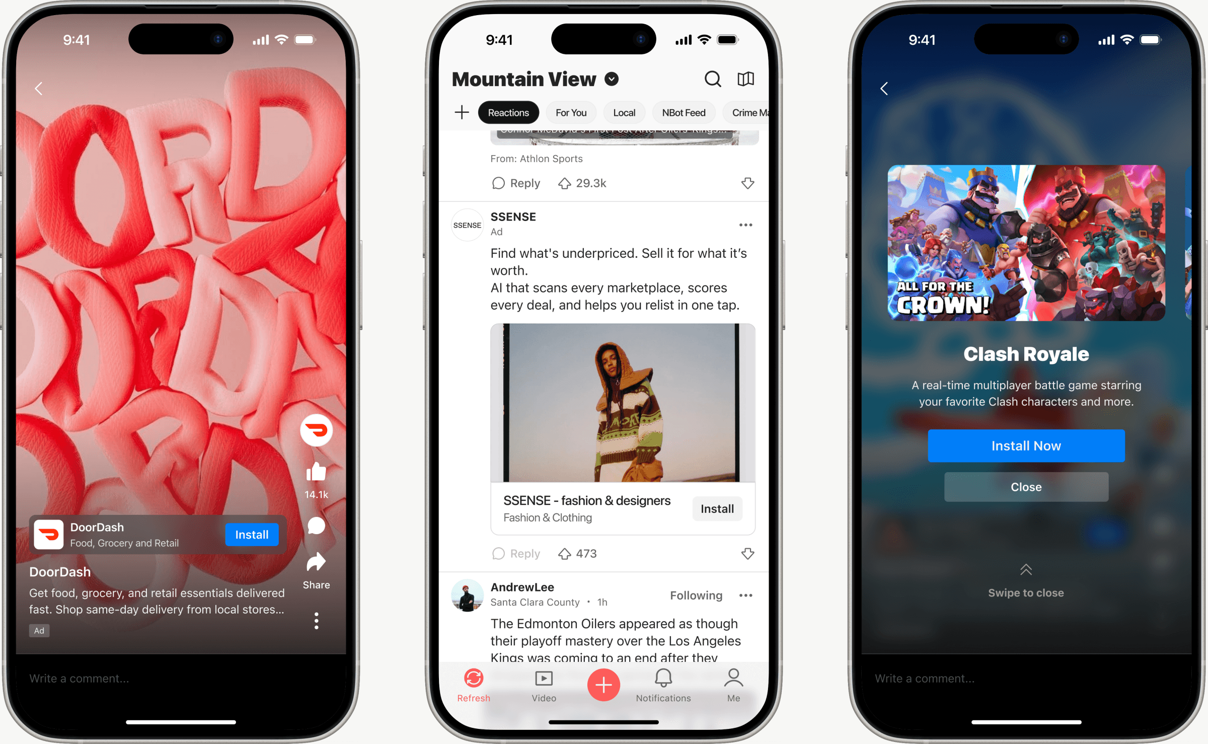Shipped ad formats on three phones
