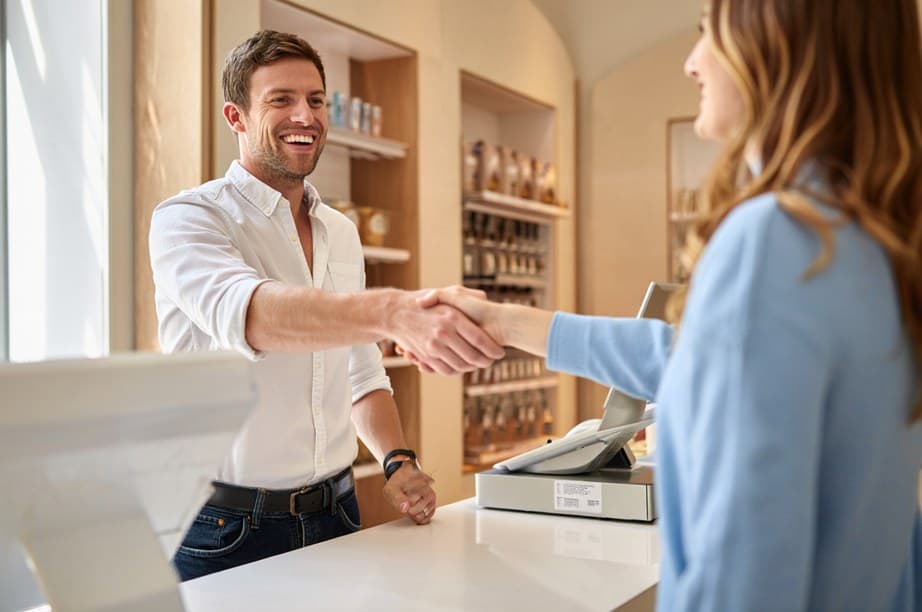 A business owner greeting a customer